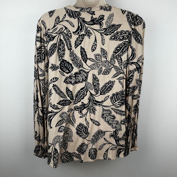 Ann Taylor Floral Blouse Top Long Sleeve Buttons Tan Black Med Classic Peasant - Picture 3 of 10
